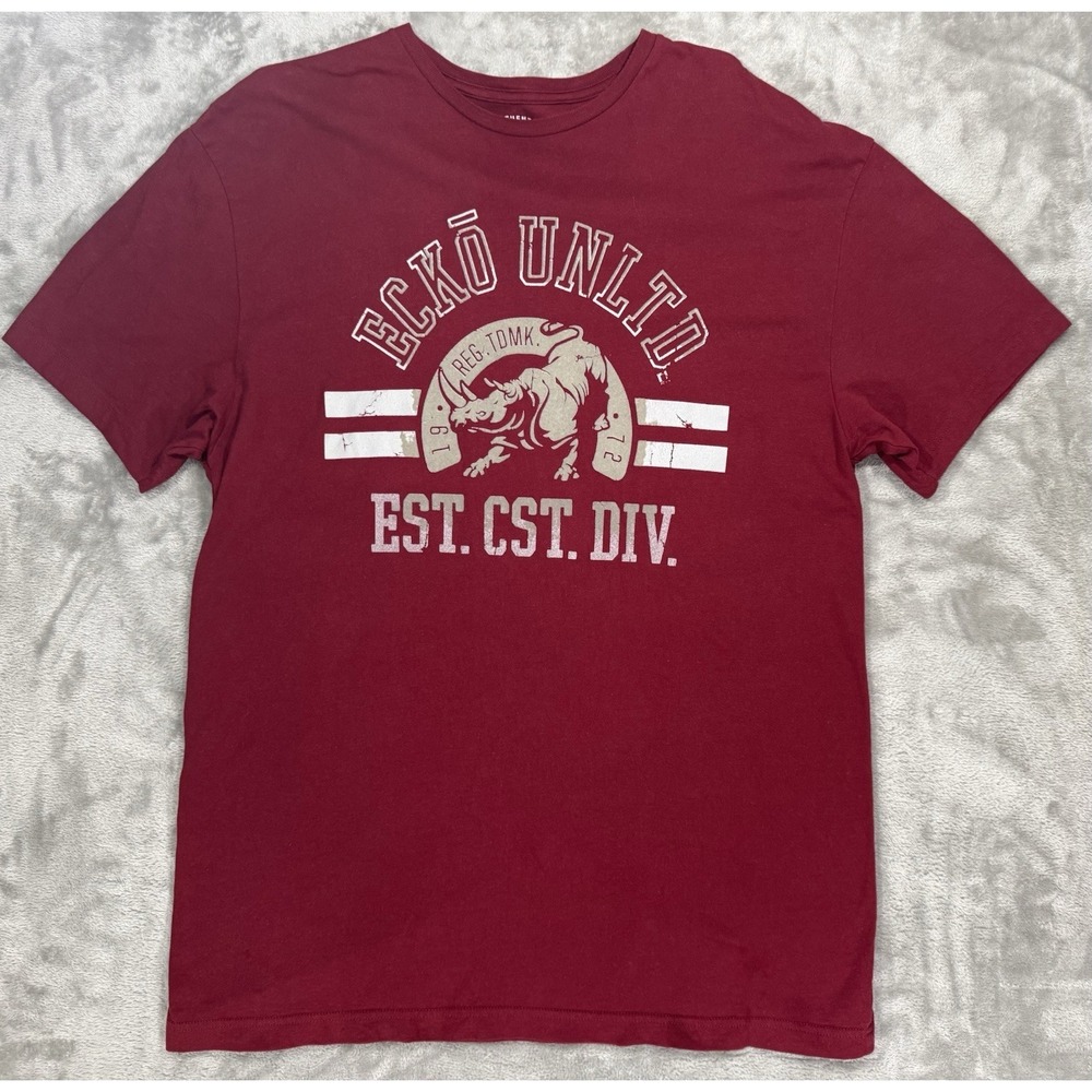 Ecko Unltd Shirt Mens XL Red Rhino Big Logo Fuzzy Graphic Crewneck Short Sleeve